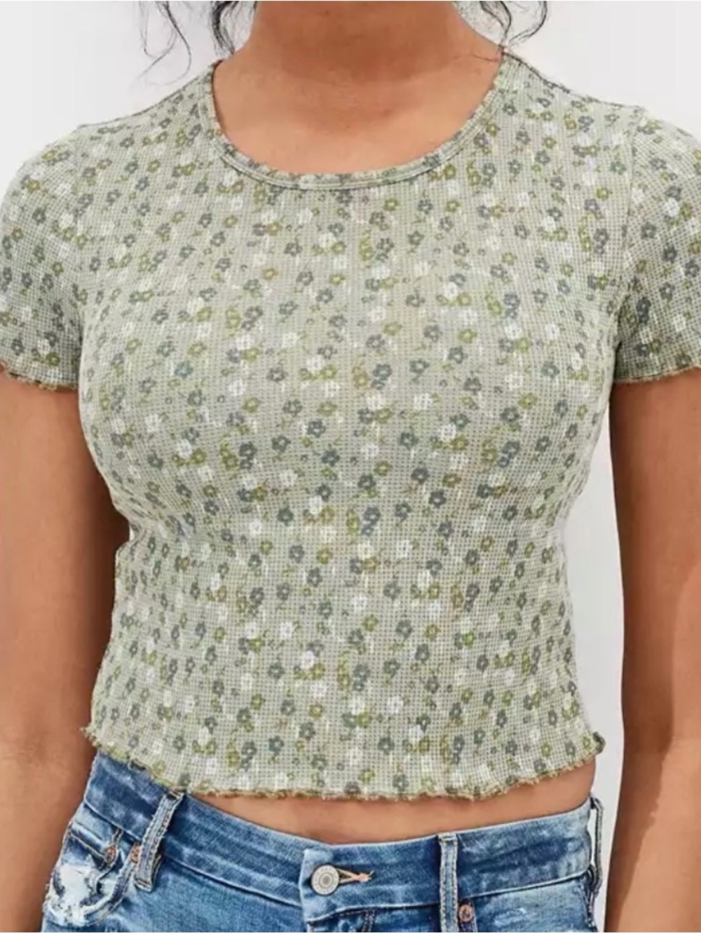 American Eagle Olive Green Waffle Knit Floral Baby Tee, Women’s Size Large
